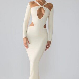 Premium Jersey Long Sleeve Cut Out Maxi Dress in Ivory
